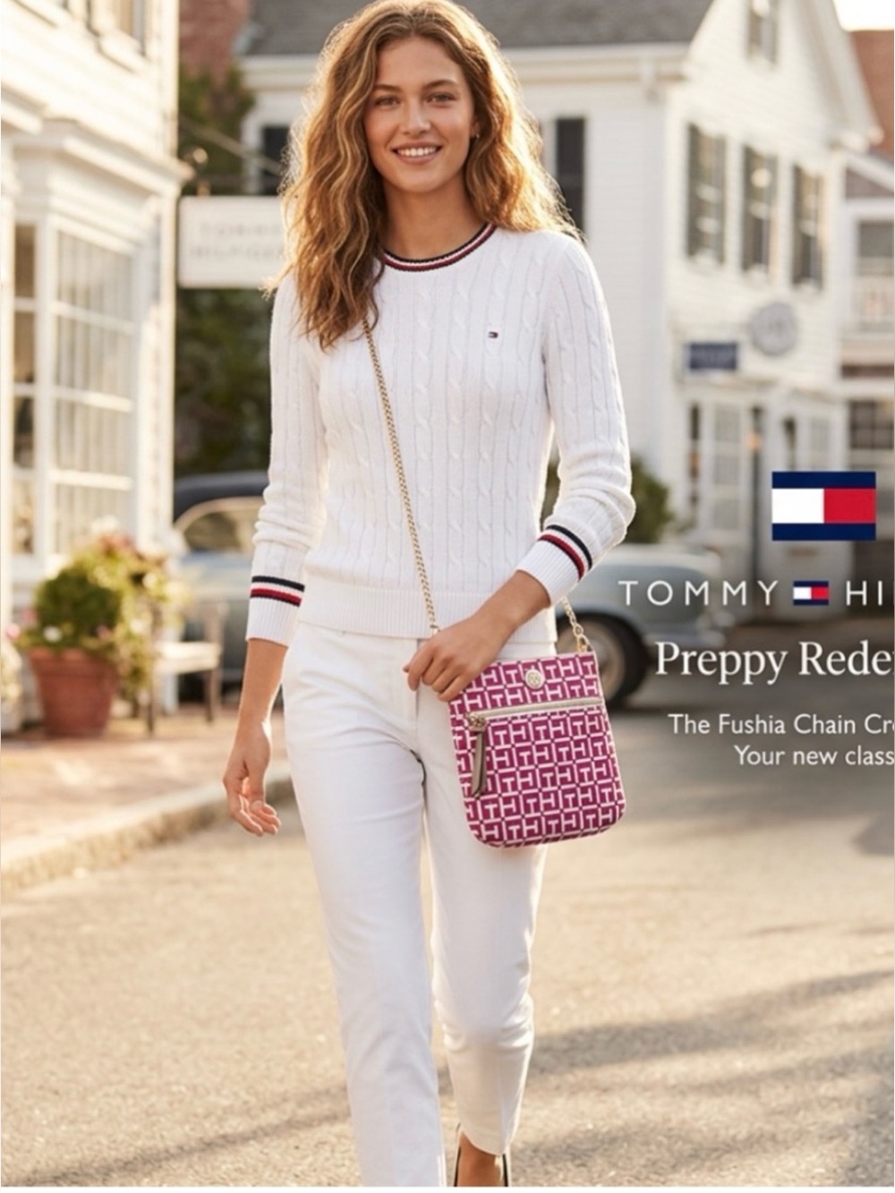 Like New ~ Tommy Hilfiger Pink Fuchsia Logo Crossbody Bag with Chain Strap